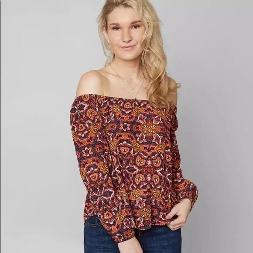 Billabong Mi Amore Off The Shoulder Tribal Printed Crinkle Top Size Small